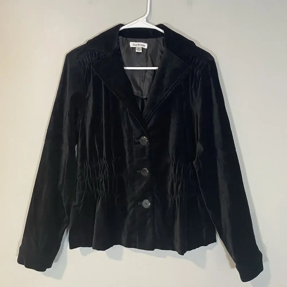 Joan Rivers Black‎ Blazer Jacket Sz M Velvet Gathered Smocked Goth Dark Academia